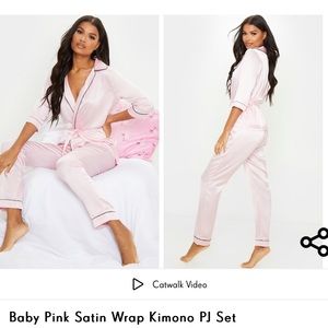 Baby Pink Satin Wrap Kimono PJ Set